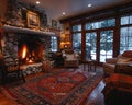 Cozy ski lodge living room with a stone fireplace and comfortable seating Royalty Free Stock Photo