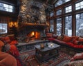 Cozy ski lodge living room with a stone fireplace and comfortable seating Royalty Free Stock Photo