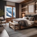 A cozy ski resort-inspired bedroom with wooden accents, snowflake decor, and cozy textiles3