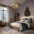 A cozy ski resort-inspired bedroom with wooden accents, snowflake decor, and cozy textiles1