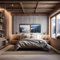 A cozy ski resort-inspired bedroom with wooden accents, snowflake decor, and cozy textiles2