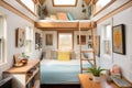 cozy sleeping loft with skylight in a tiny home