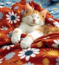 Cozy slumber of a ginger and white cat nestled in warm, floral bedding, exuding peace