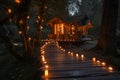 A cozy small cabin nestled in the woods, softly illuminated by candles creating a warm and inviting atmosphere, An enchanting