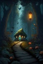 Cozy small house glowing in the night in the magical forest. Fairytale background. Generated AI Royalty Free Stock Photo