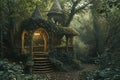 A cozy small house nestled among verdant trees in the heart of a serene forest, A hidden playground in a dense, magical forest, AI
