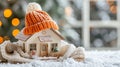 Cozy small house wrapped in knitted hat and scarf, with space for text placement