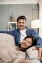 Cozy smiling wife and husband enjoying carefree free weekend time at home taking a picture. Affectionate relaxed couple Royalty Free Stock Photo