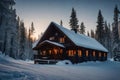 A cozy, snow-covered cabin in a winter wonderland Royalty Free Stock Photo