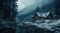 Cozy snow covered wooden house with smoking chimney among snowbound pine forest high on mountains at calm winter during snowfall Royalty Free Stock Photo