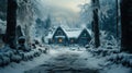 Cozy snow covered wooden house with smoking chimney among snowbound pine forest high on mountains at calm winter during snowfall Royalty Free Stock Photo