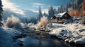 Cozy snow covered wooden house with smoking chimney among snowbound pine forest high on mountains at calm winter during snowfall Royalty Free Stock Photo