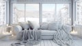 Cozy snow-white living room in cold countries, winter landscape outside the window, snow-white winter Royalty Free Stock Photo