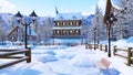 Cozy snowbound alpine mountain house at winter day