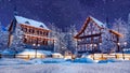 Snowbound european town at snowfall winter night Royalty Free Stock Photo