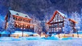 Snowbound european town at winter night watercolor