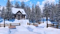 Cozy snowbound alpine mountain house at winter day