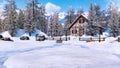 Cozy snowbound mountain house at snowy winter day