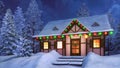 Cozy snowbound house decorated for Christmas night