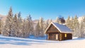 Cozy snowbound log cabin in mountains at winter 3D