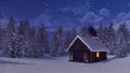 Snowbound mountain cabin at snowfall winter night