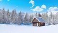 Cozy snowbound mountain cabin at clear winter day