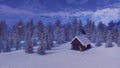 Snowbound house in mountains at snowy winter night