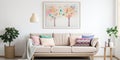 Cozy sofa with colorful cushions near white wall with art poster. Interior design of Scandinavian living room Royalty Free Stock Photo