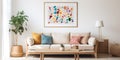 Cozy sofa with colorful cushions near white wall with art poster. Interior design of Scandinavian living room Royalty Free Stock Photo