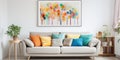 Cozy sofa with colorful cushions near white wall with art poster. Interior design of Scandinavian living room Royalty Free Stock Photo