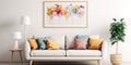 Cozy sofa with colorful cushions near white wall with art poster. Interior design of Scandinavian living room Royalty Free Stock Photo