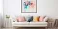 Cozy sofa with colorful cushions near white wall with art poster. Interior design of Scandinavian living room Royalty Free Stock Photo