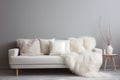 Cozy sofa with white furry sheepskin. Generative AI