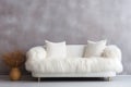 Cozy sofa with white furry sheepskin. Generative AI
