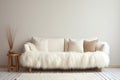 Cozy sofa with white furry sheepskin. Generative AI