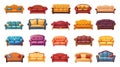 Cozy sofas and couches. Interior safa icons, isolated cartoon couch collection. Decorative vintage and modern furniture Royalty Free Stock Photo