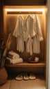 A cozy spa corner with plush robes hanging and soft slippers below Royalty Free Stock Photo