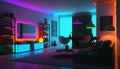 Cozy space for watching TV, with neon lighting