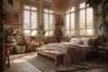 Cozy spacious bedroom in light muted colors with light wood furniture, live plants and oriental style interior elements Royalty Free Stock Photo