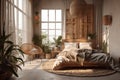 Cozy spacious bedroom in light muted colors with light wood furniture, live plants and oriental style interior elements Royalty Free Stock Photo