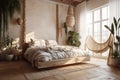 Cozy spacious bedroom in light muted colors with light wood furniture, live plants and oriental style interior elements Royalty Free Stock Photo