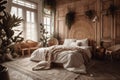 Cozy spacious bedroom in light muted colors with light wood furniture, live plants and oriental style interior elements Royalty Free Stock Photo