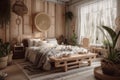 Cozy spacious bedroom in light muted colors with light wood furniture, live plants and oriental style interior elements Royalty Free Stock Photo