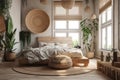 Cozy spacious bedroom in light muted colors with light wood furniture, live plants and oriental style interior elements Royalty Free Stock Photo
