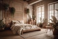 Cozy spacious bedroom in light muted colors with light wood furniture, live plants and oriental style interior elements Royalty Free Stock Photo