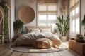 Cozy spacious bedroom in light muted colors with light wood furniture, wicker lampshades, live plants and oriental decor Royalty Free Stock Photo
