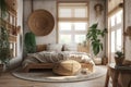 Cozy spacious bedroom in light muted colors with light wood furniture, wicker lampshades, live plants and oriental decor Royalty Free Stock Photo