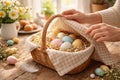 A Cozy Spring Scene Featuring a Hand Reaching for Colorful Easter Eggs Nestled in a Basket Royalty Free Stock Photo