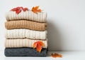 A cozy stack of folded sweaters in neutral tones is decorated with colorful autumn maple leaves Royalty Free Stock Photo
