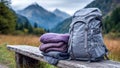 Cozy stack of sweaters and a backpack on a wooden bench overlooking the scenic mountains. Royalty Free Stock Photo